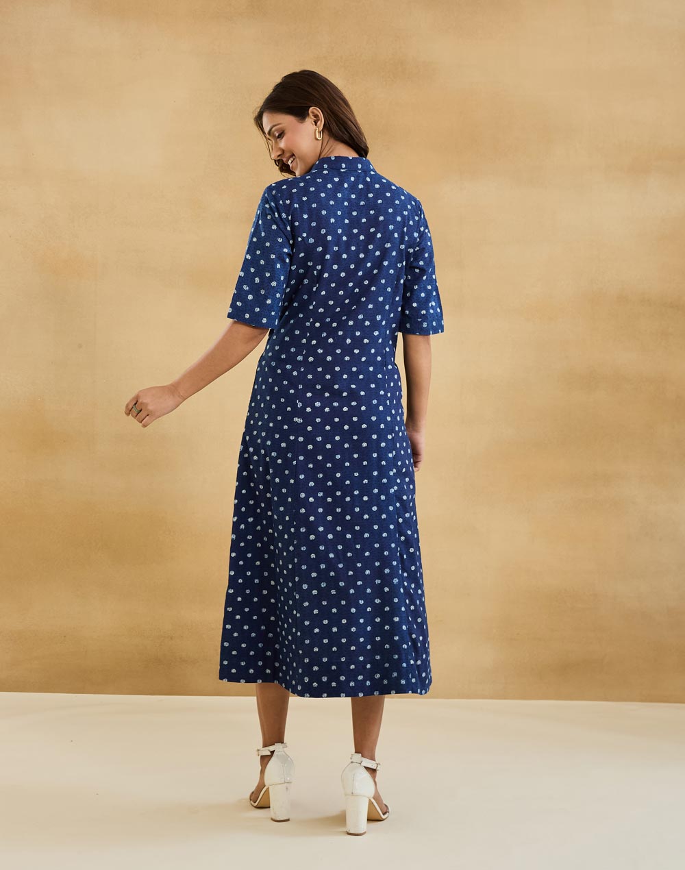 Indigo Cotton Dabu Printed Midi Dress