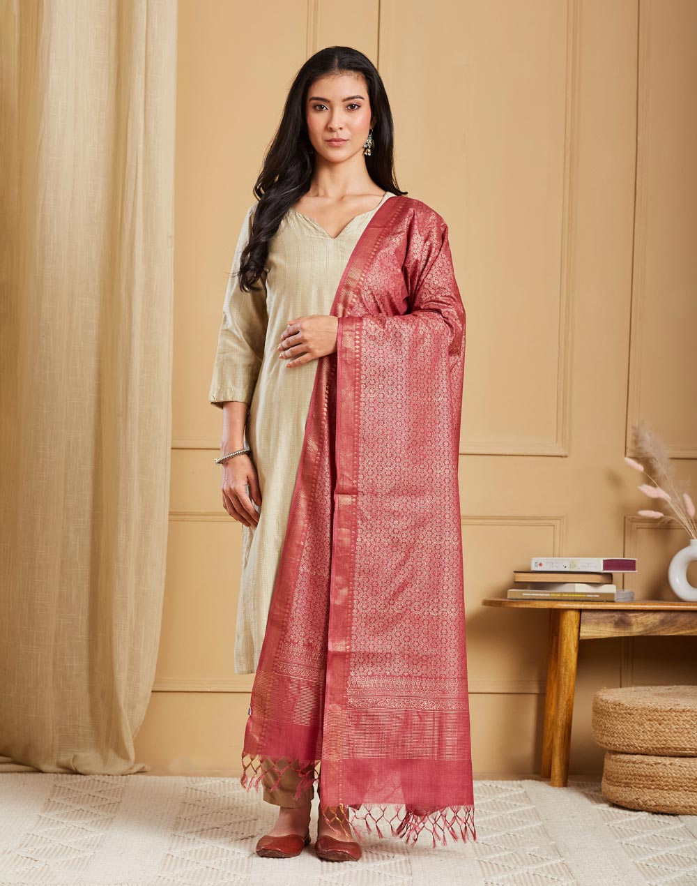 Pink Silk Blend Hand Block Print Dupatta