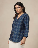 Blue Block Print Geometric Shirt with Chinese collar placket and three-quarter sleeves