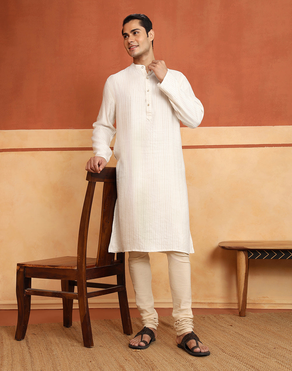 White Viscose Dobby Long Kurta for Men from Fabindia UK