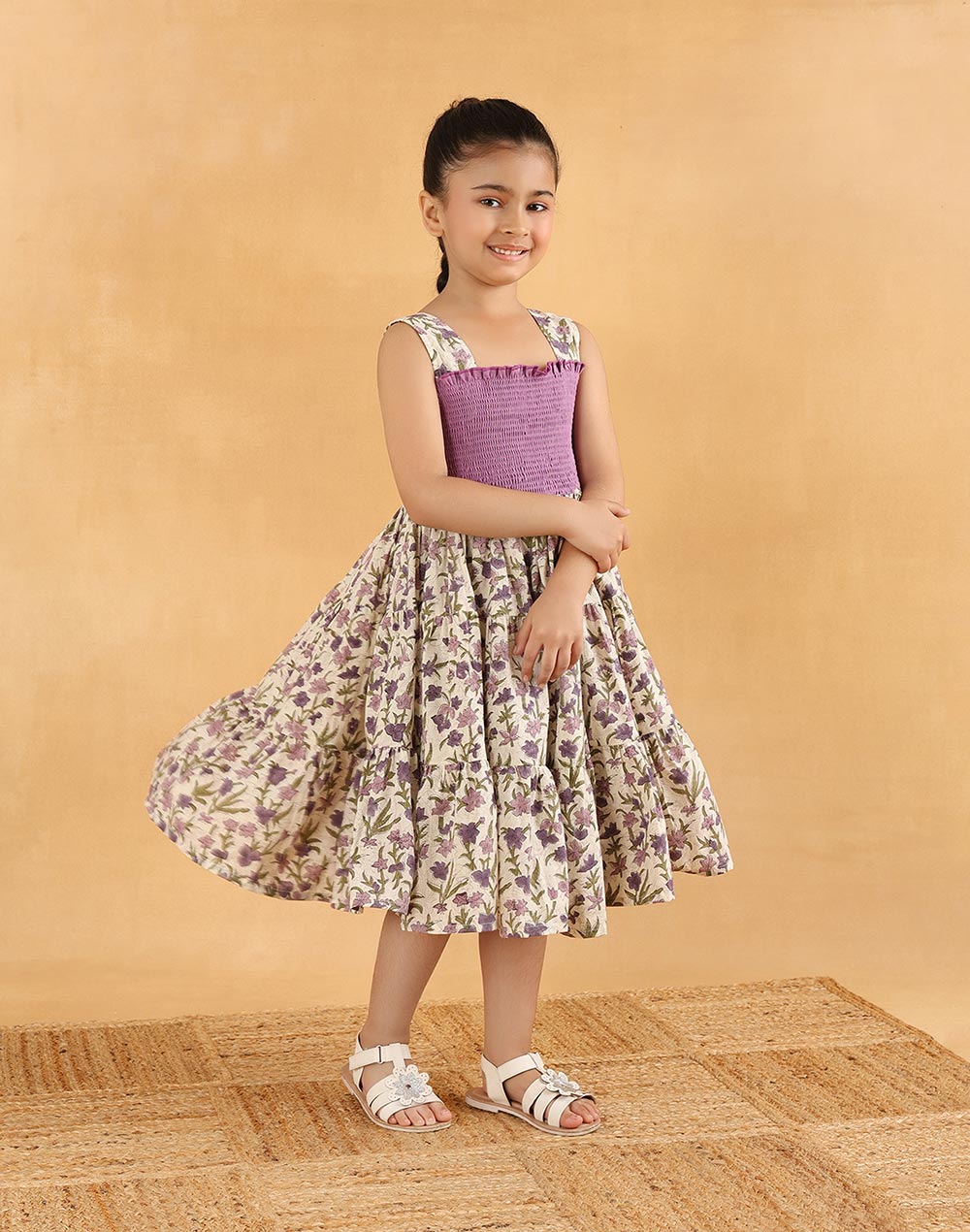 Purple Cotton Hand Block Printed Dress