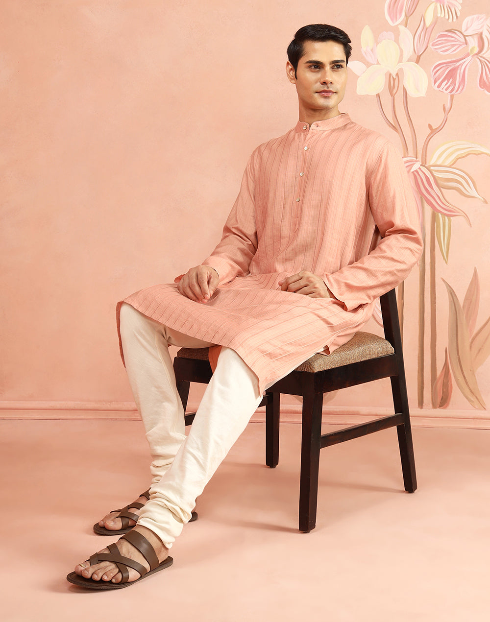 Peach Viscose Blend Stripe Long Kurta