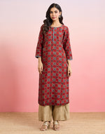Maroon Cotton Silk Ajrakh Printed Long Kurta