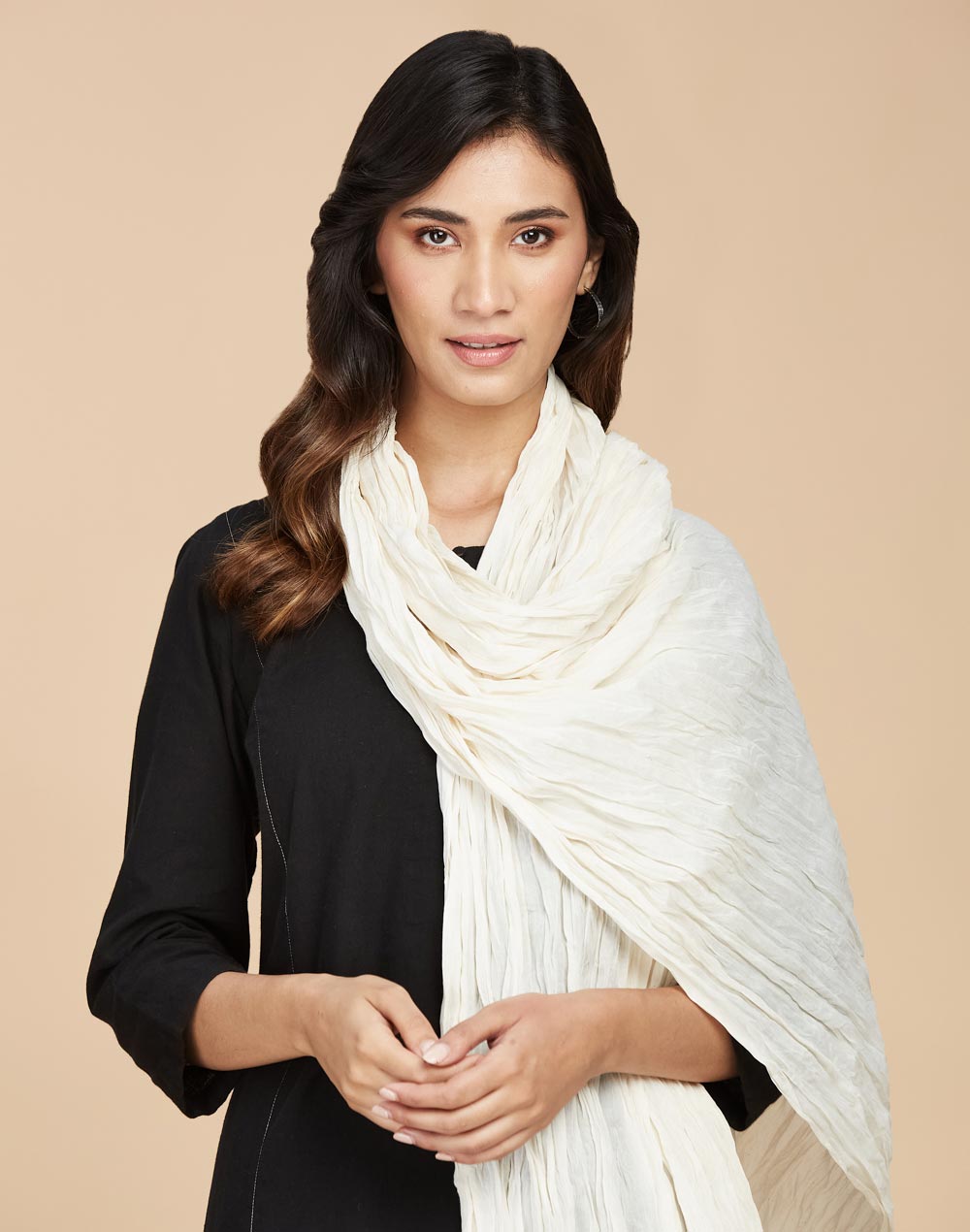 Beige Cotton Mull Plain Phunka Crinkle Dupatta