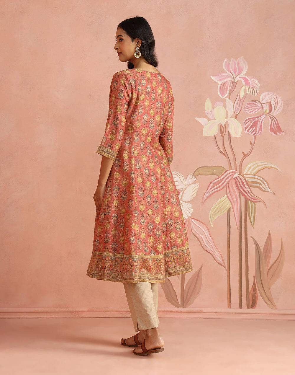 Pink Cotton Silk Hand Block Printed Long Kurta