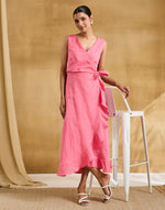 Pink Cotton Linen Tulip Wrap Midi Dress