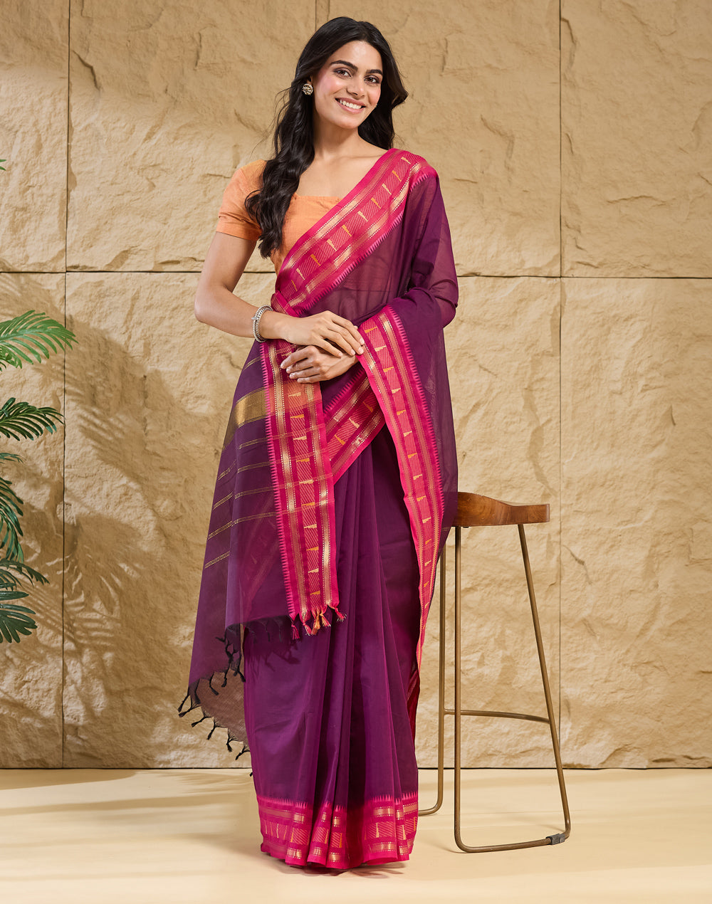 Purple Cotton Blend Sari