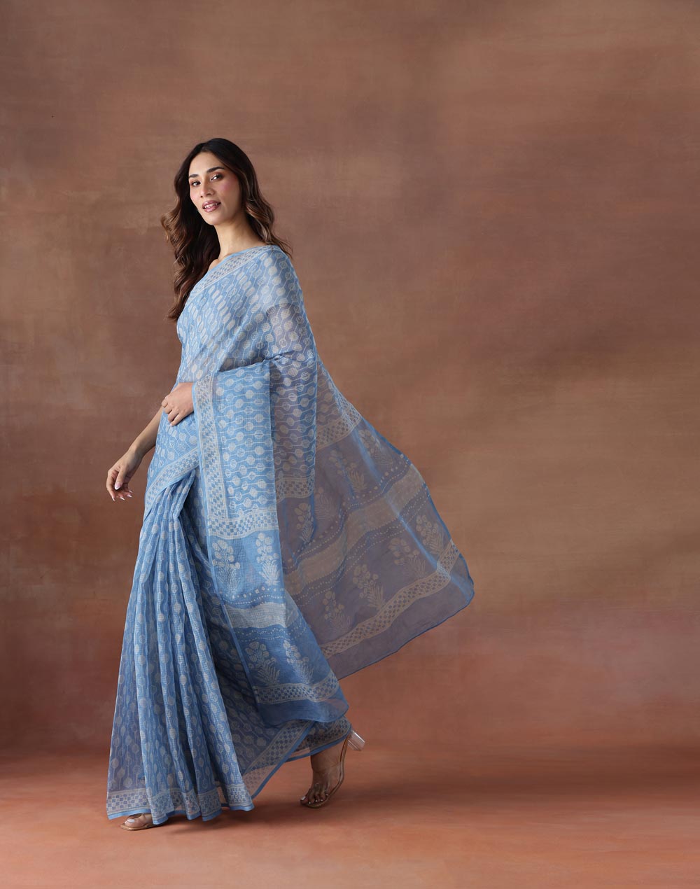 Light Blue Cotton Silk Hand Block Printed Sari