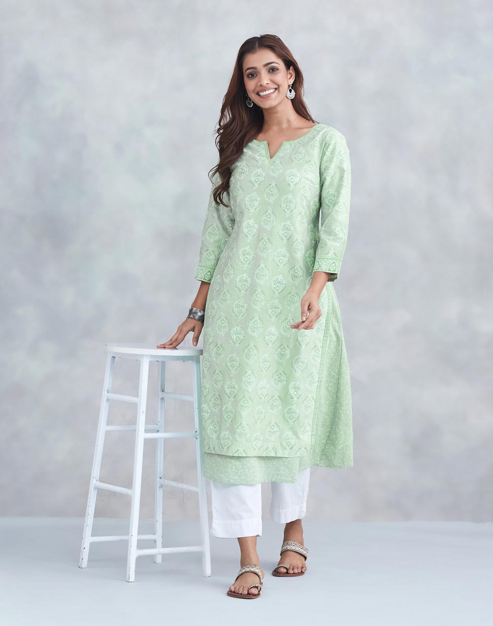 Green Cotton Silk Long Kurta