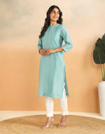 Turquoise Cotton Silk Pintuck Slim Fit Long Kurta