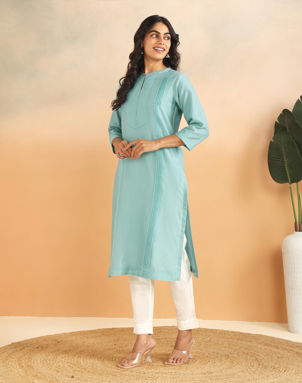 Turquoise Cotton Silk Pintuck Slim Fit Long Kurta