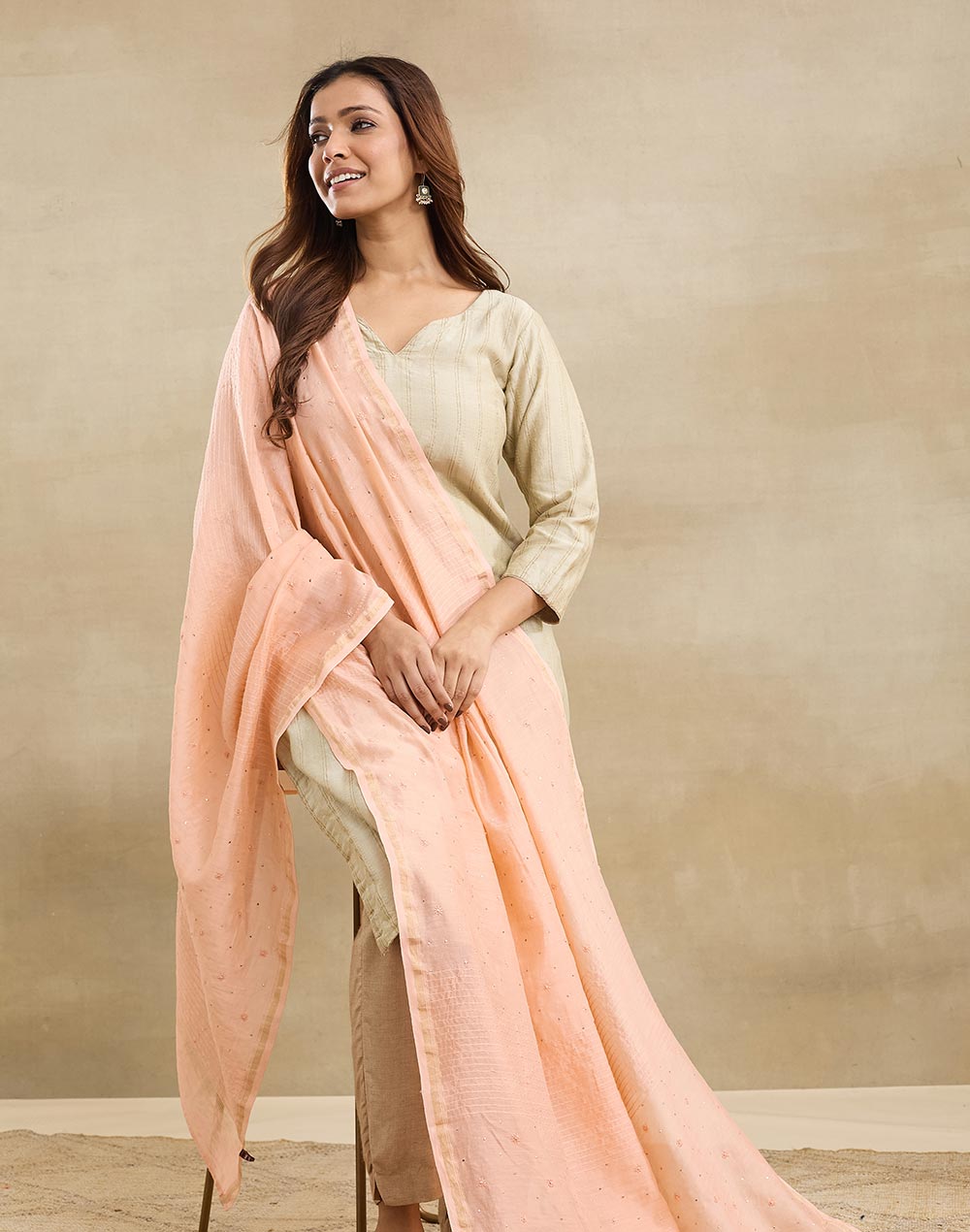 Orange Cotton Silk Blend Chikankari Dupatta