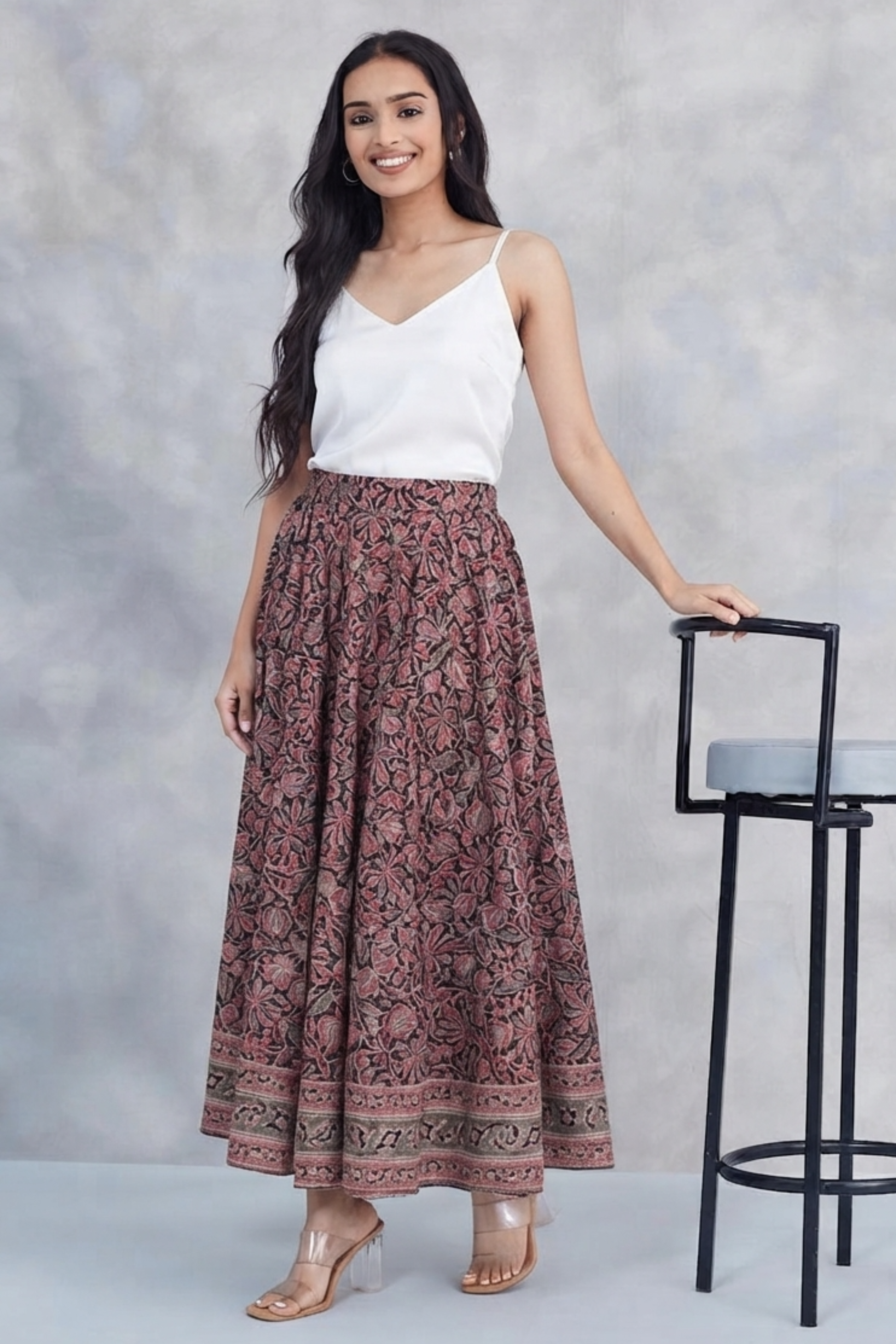 Maroon Cotton Printed Kalamkari Skirt Ghera