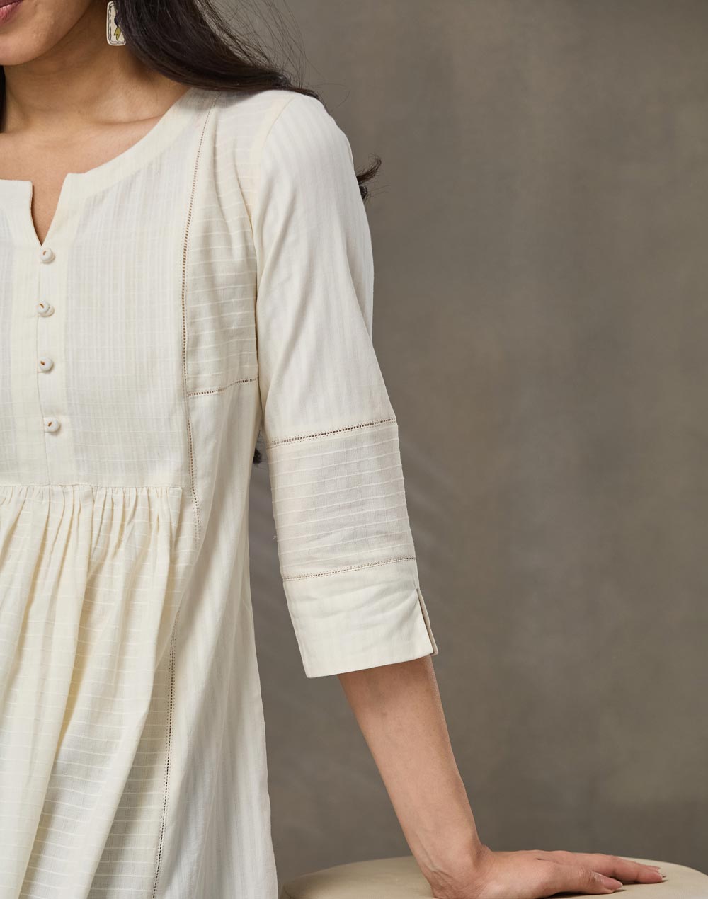 Offwhite Cotton Check Slim Fit Long Kurta