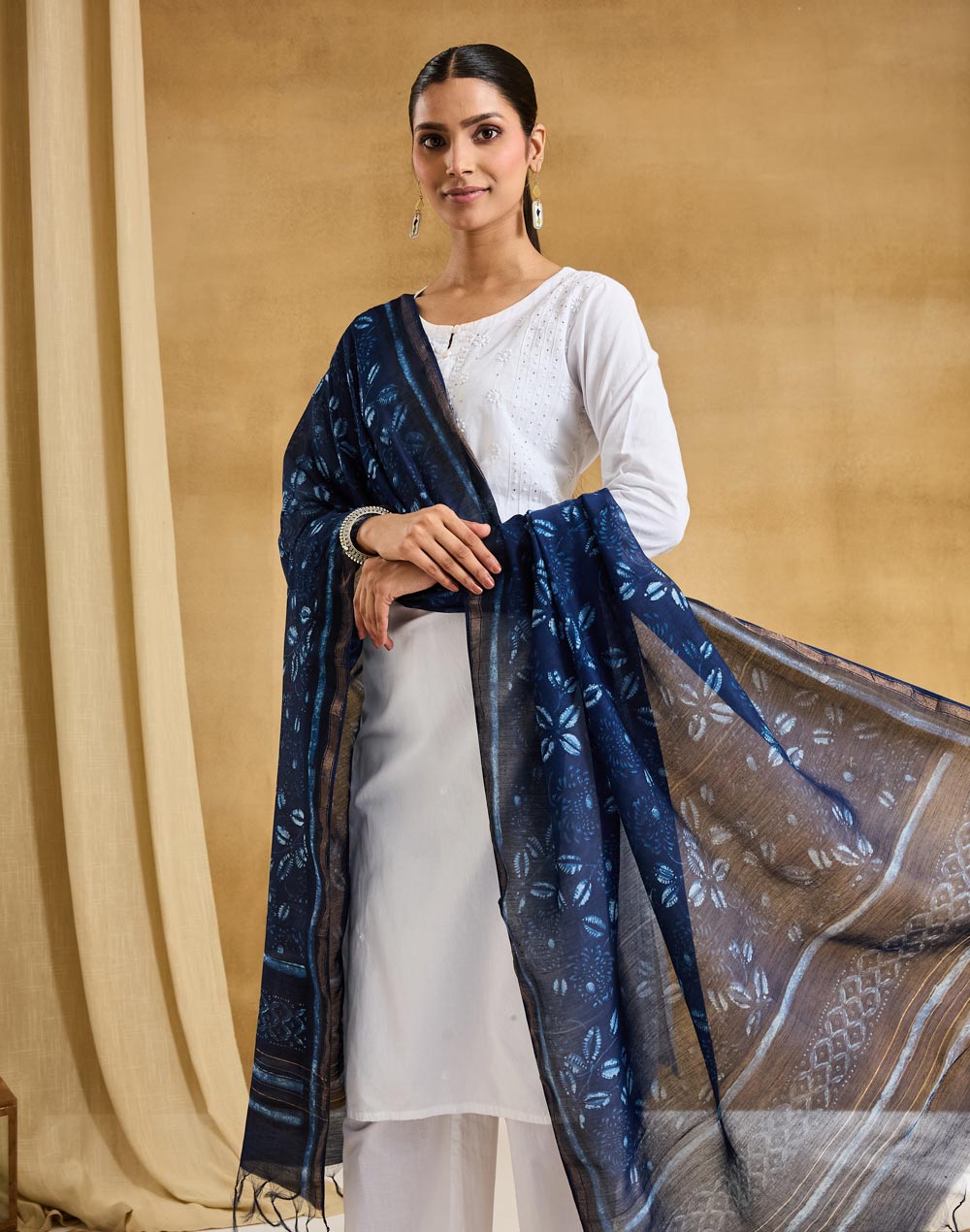 Indigo Cotton Silk Blend Hand Block Print Dupatta