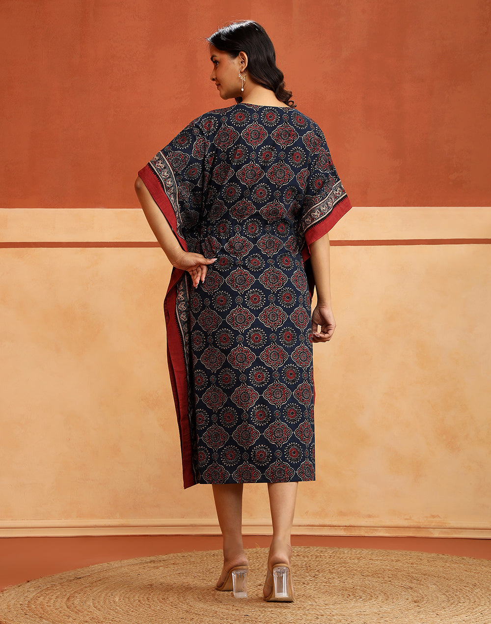 Blue-Red Cotton Ajrakh Printed Kaftan