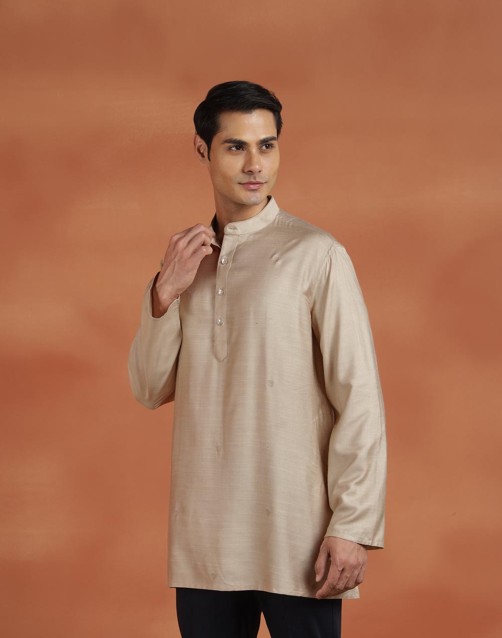 Beige Viscose Silk Embroidered Short Kurta