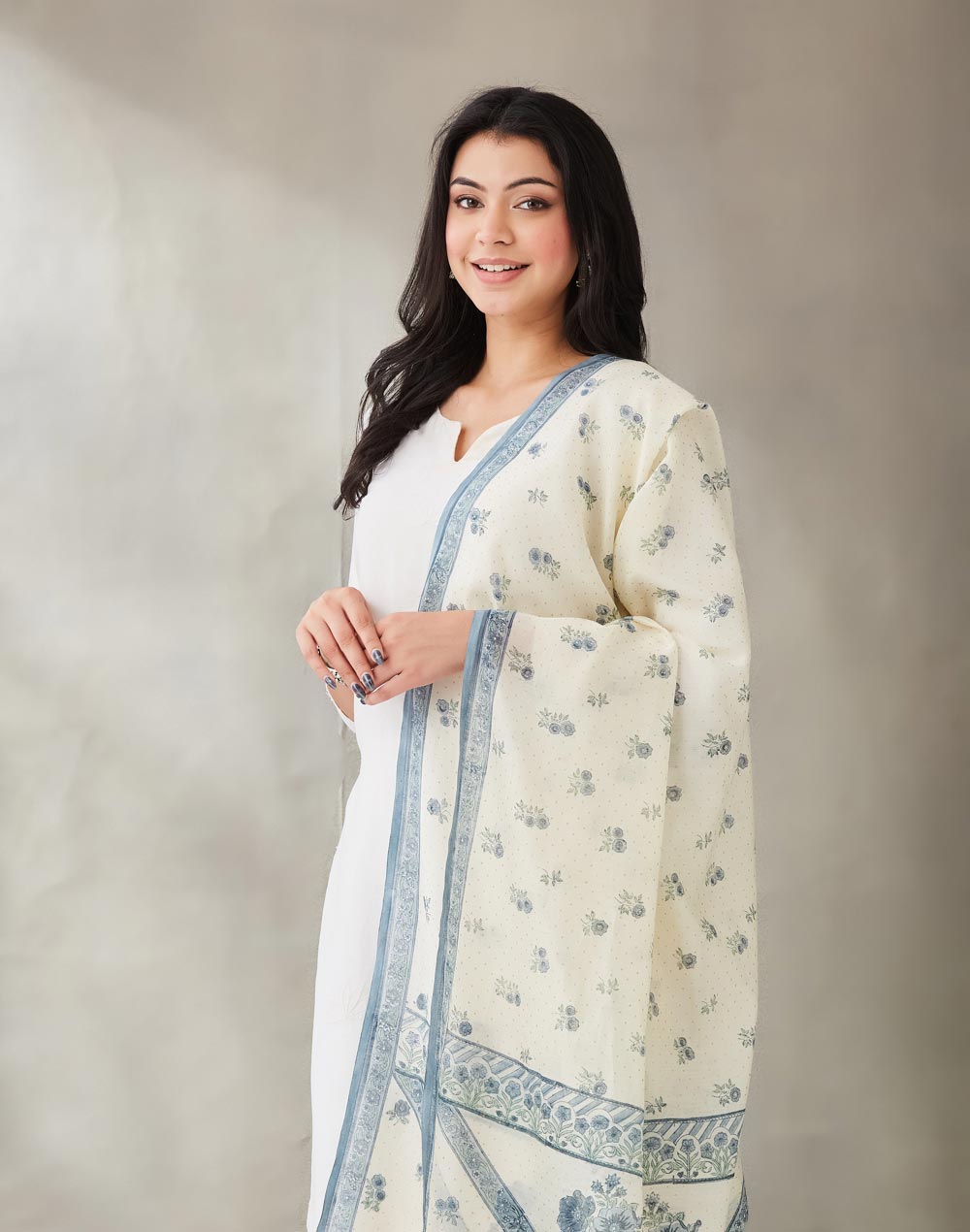 Blue Cotton Printed Floral Dupatta