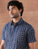 Indigo Cotton Dabu Printed Slim Fit Shirt