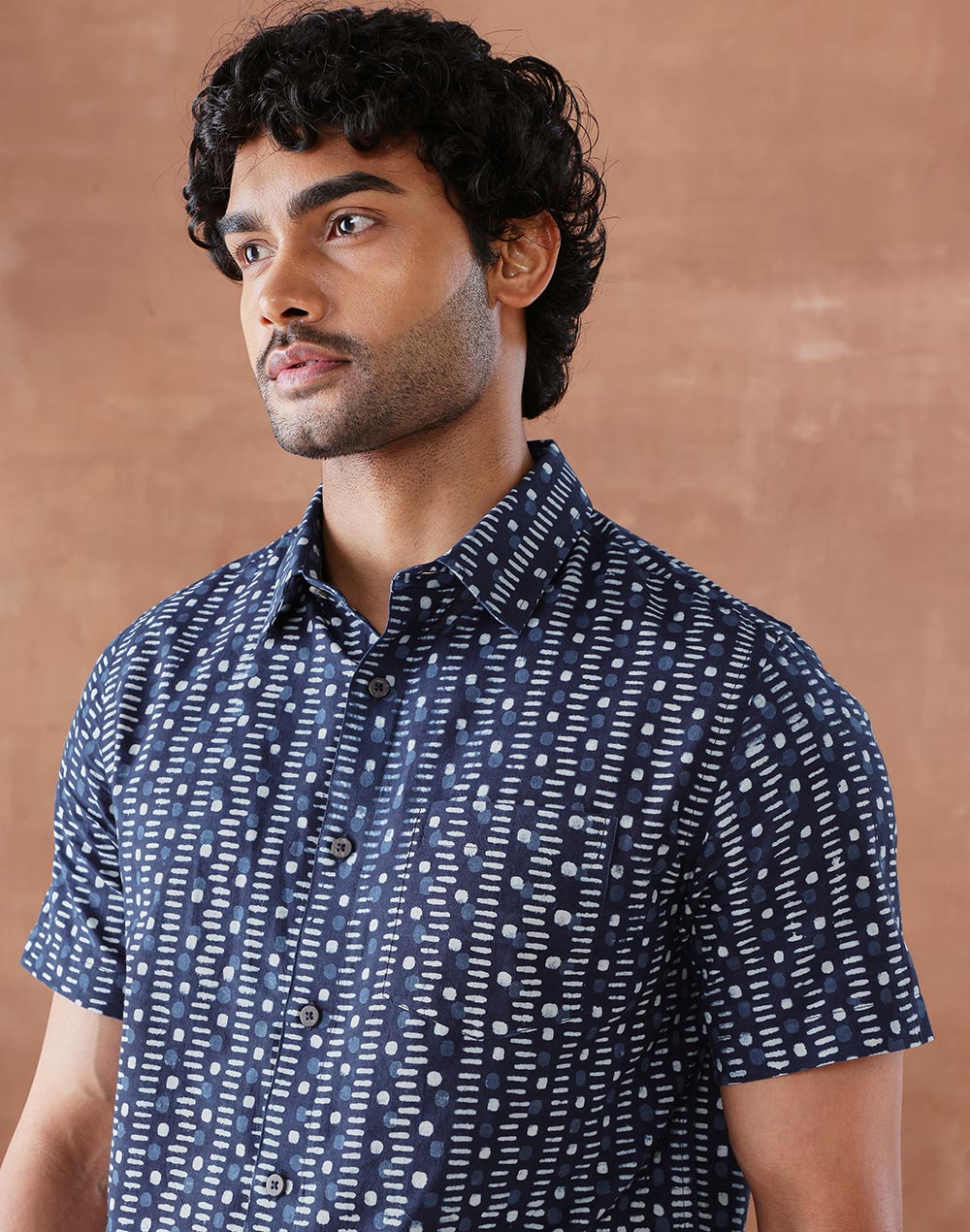 Indigo Cotton Dabu Printed Slim Fit Shirt
