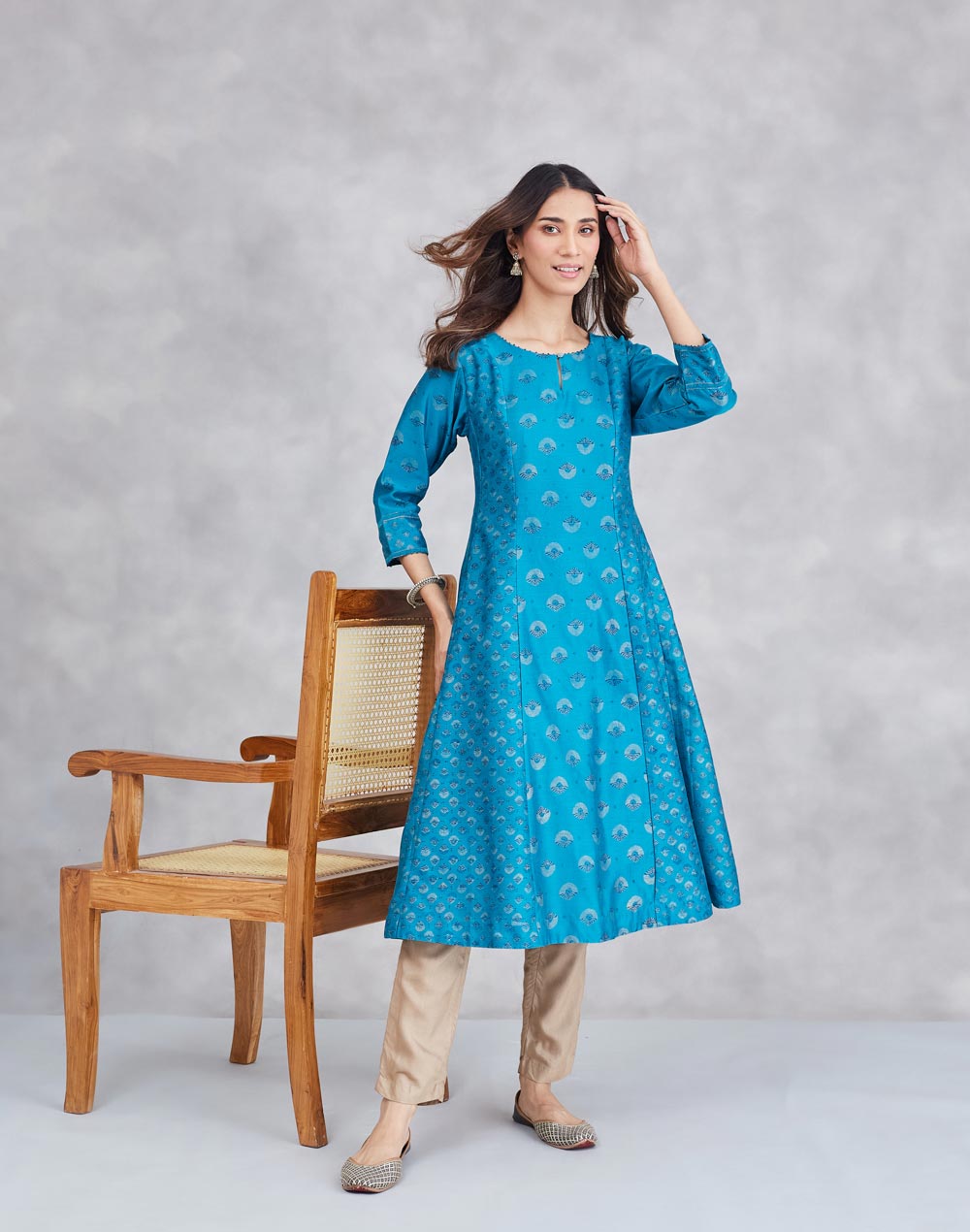 Teal Cotton Silk Hand Block Print Slim Fit Long Kurta