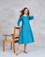 Teal Cotton Silk Hand Block Print Slim Fit Long Kurta
