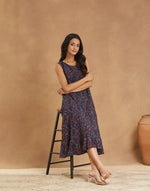 Blue Cotton Ajrakh Printed Peony Ruffle Midi Dress