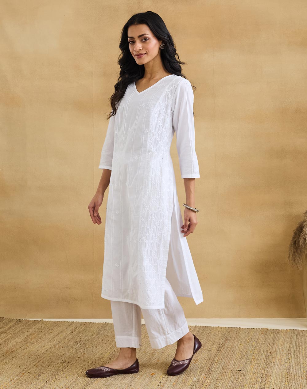 White Cotton Chikankari Long Kurta