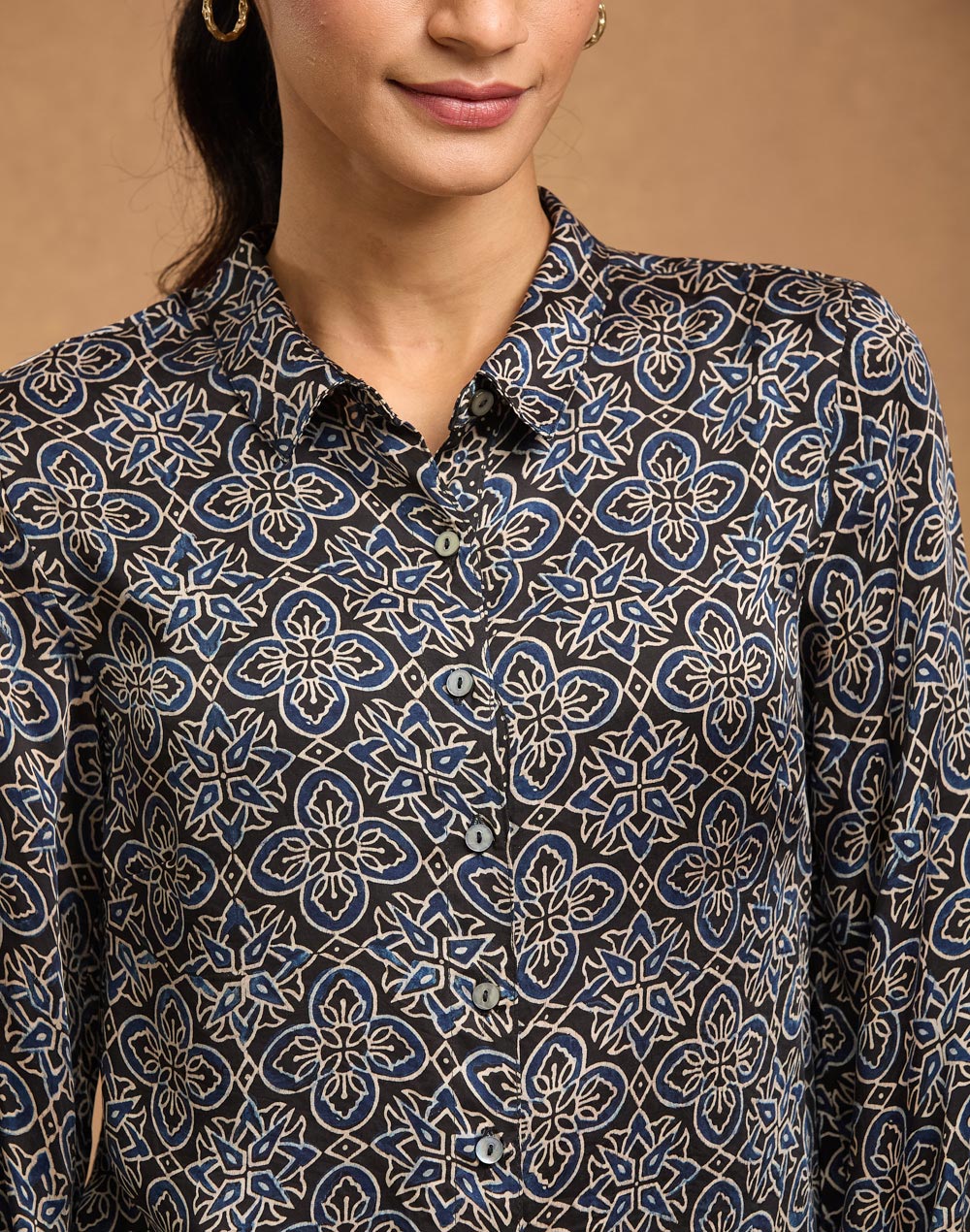 Black Rayon Blend Ajrakh Shirt