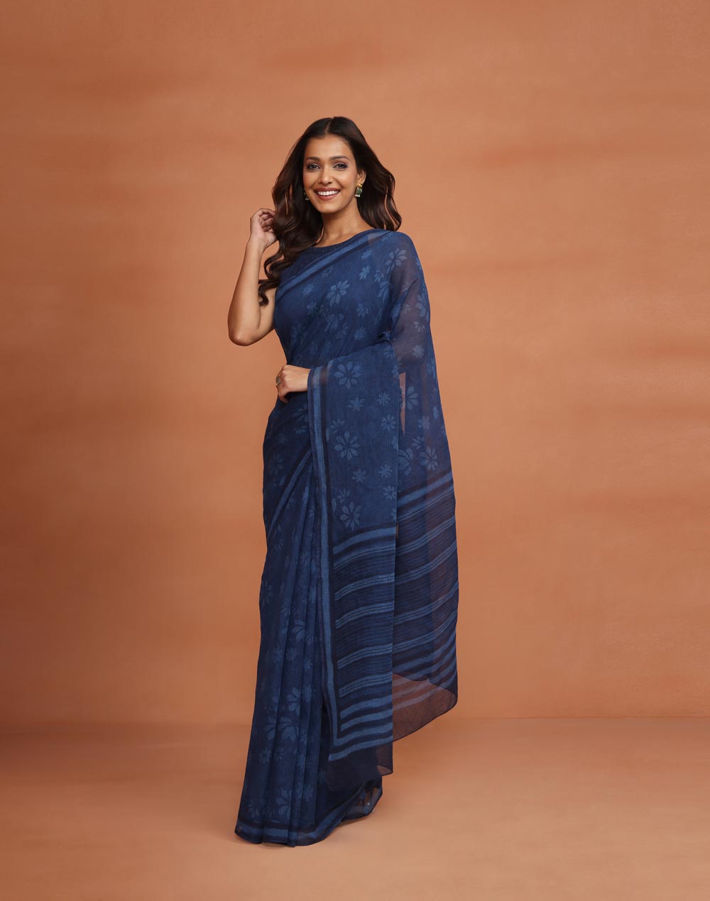 Indigo Cotton Silk Dabu Printed Sari