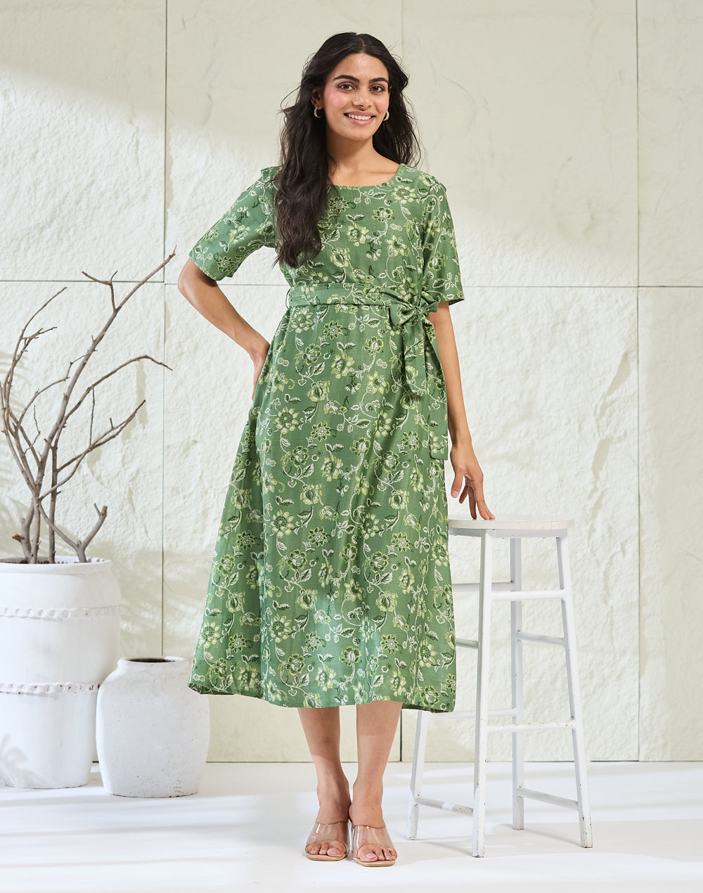 Green Cotton Silk Hand Block Printed Midi Dress