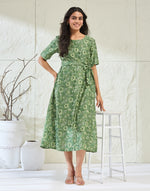 Green Cotton Silk Hand Block Printed Midi Dress