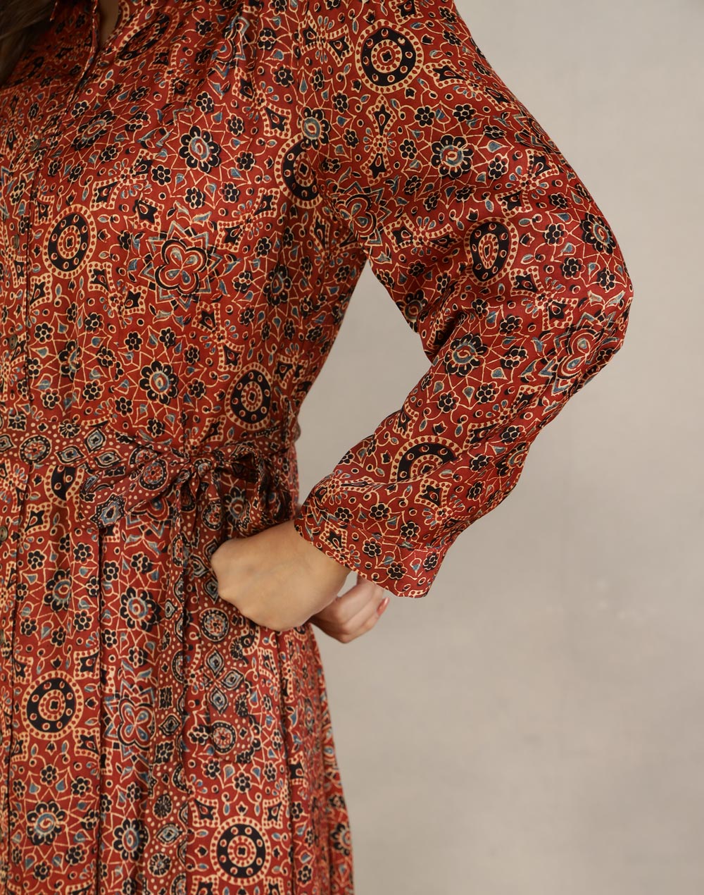 Red Rayon Blend Ajrakh Printed Maxi