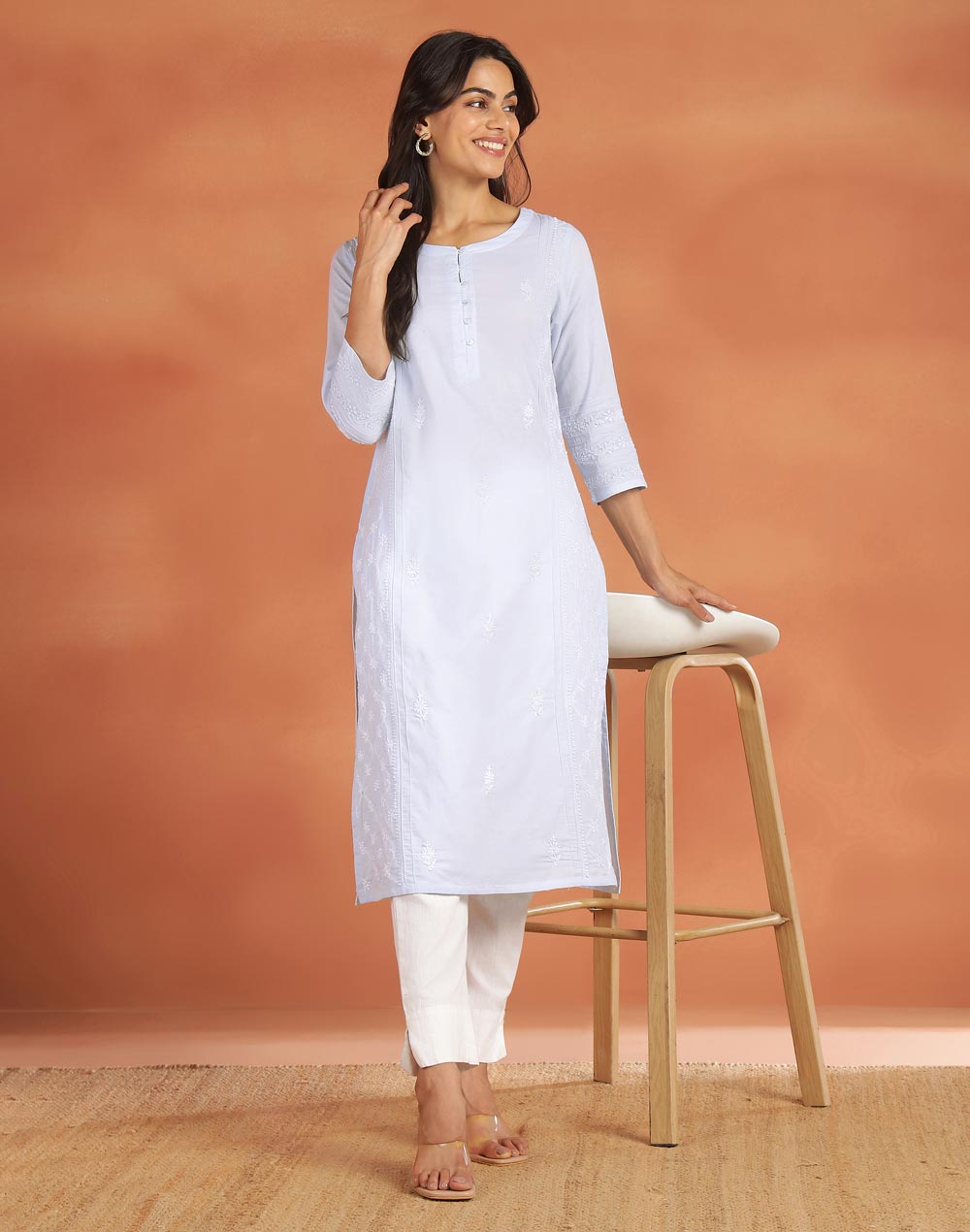 Light Blue Cotton Chikankari Long Kurta