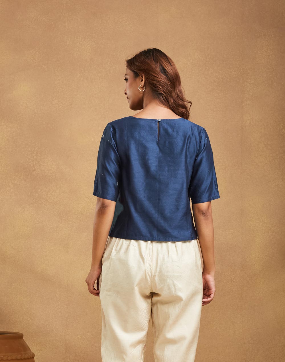 Navy Cotton Silk Short Top