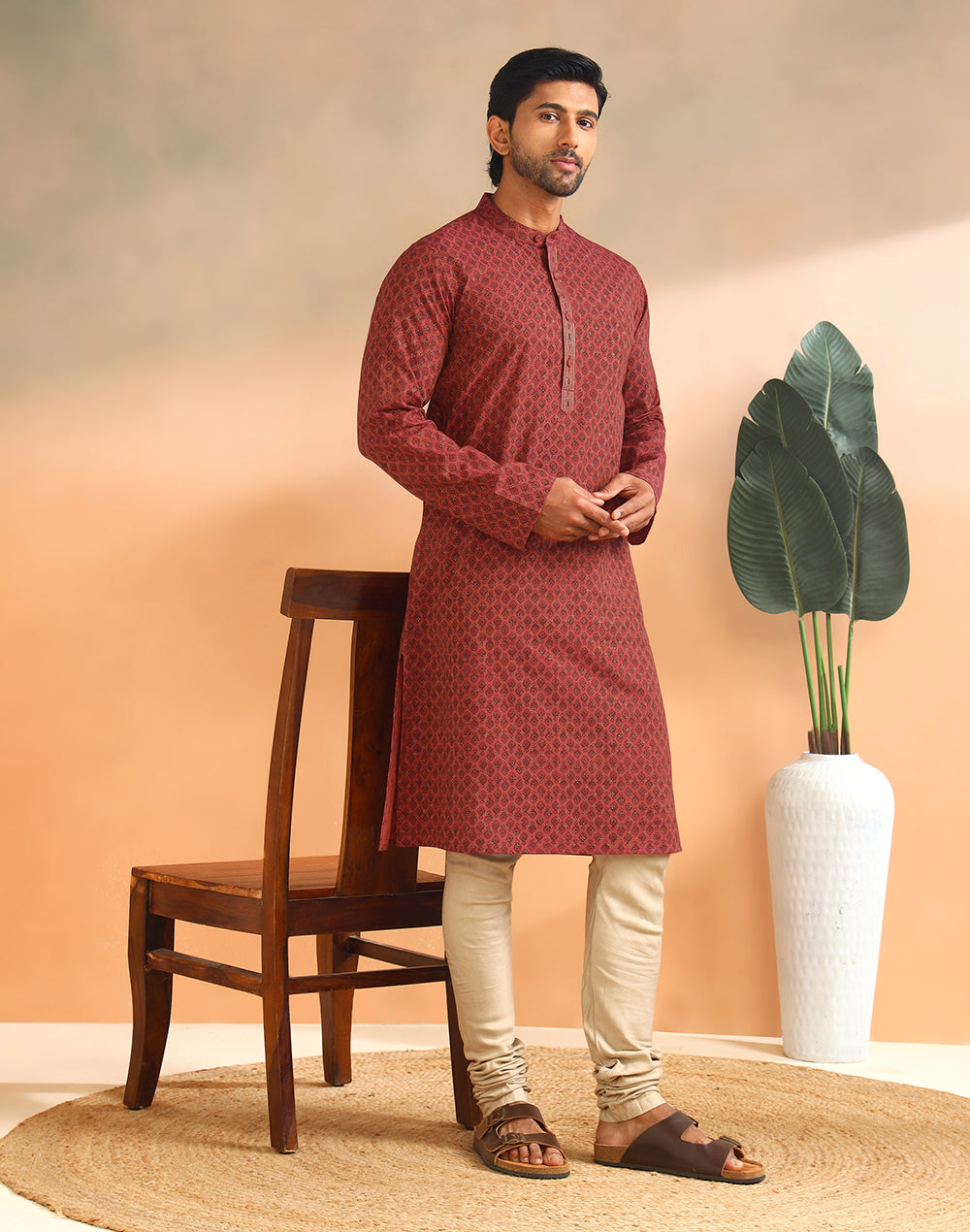 Orange Cotton Printed Slim Fit Long Kurta