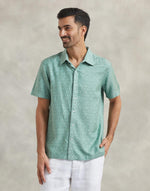 Teal Viscose Silk Hand Block Printed Bush Shirt