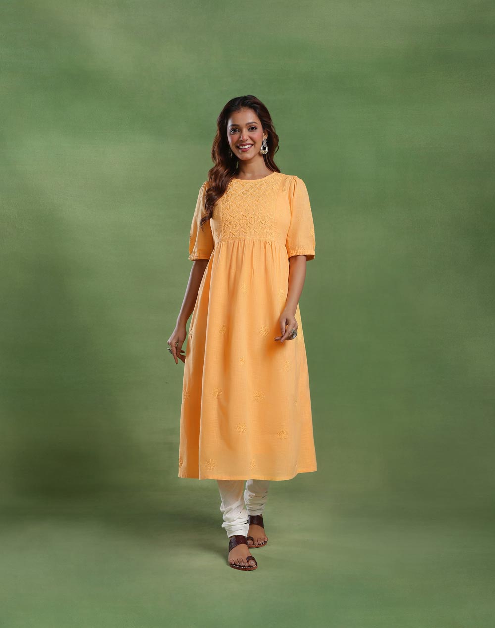 Yellow Cotton Chikankari Lining & Midi Dress