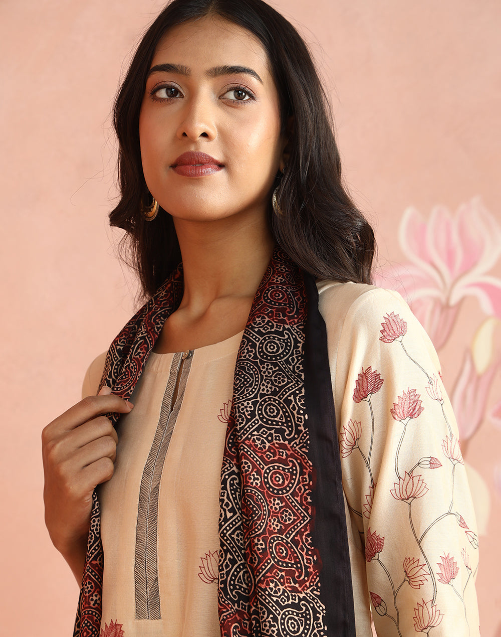 Black-Red Viscose Blend Ajrakh Printed Stole