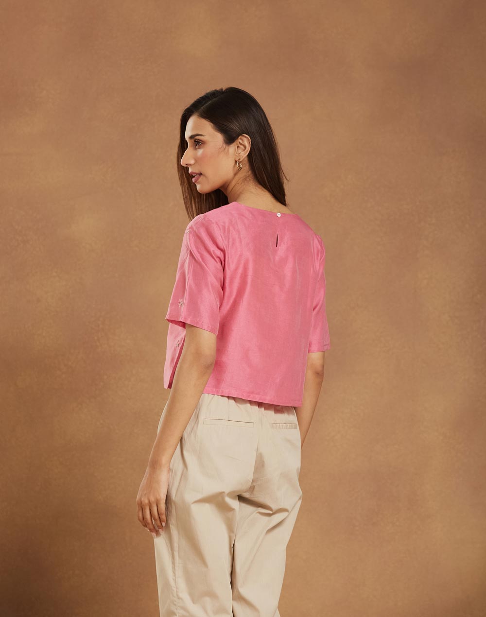 Pink Cotton Silk Embroidered Short Top