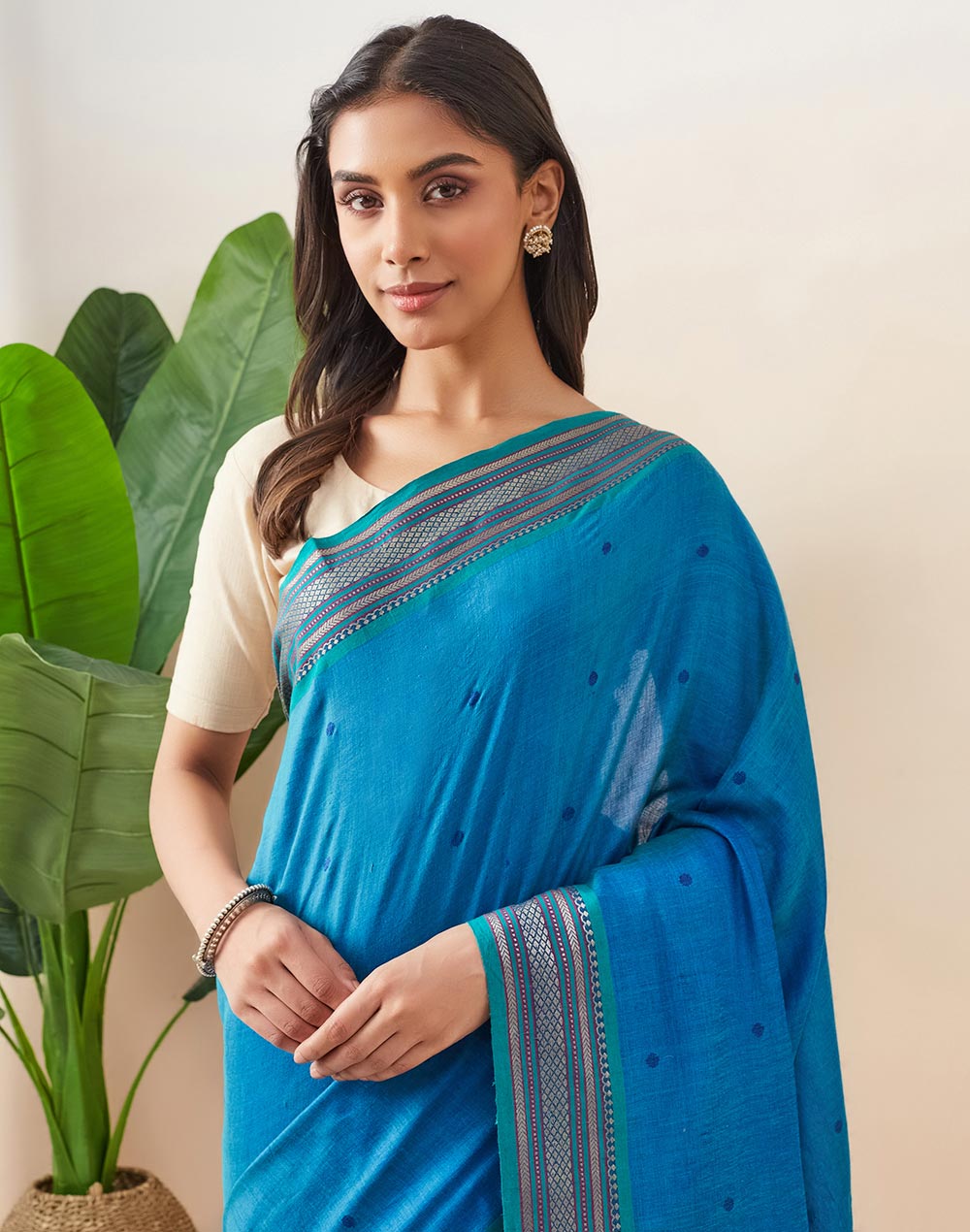 Teal Cotton Silk Blend Jamdani Woven Wonders Sari