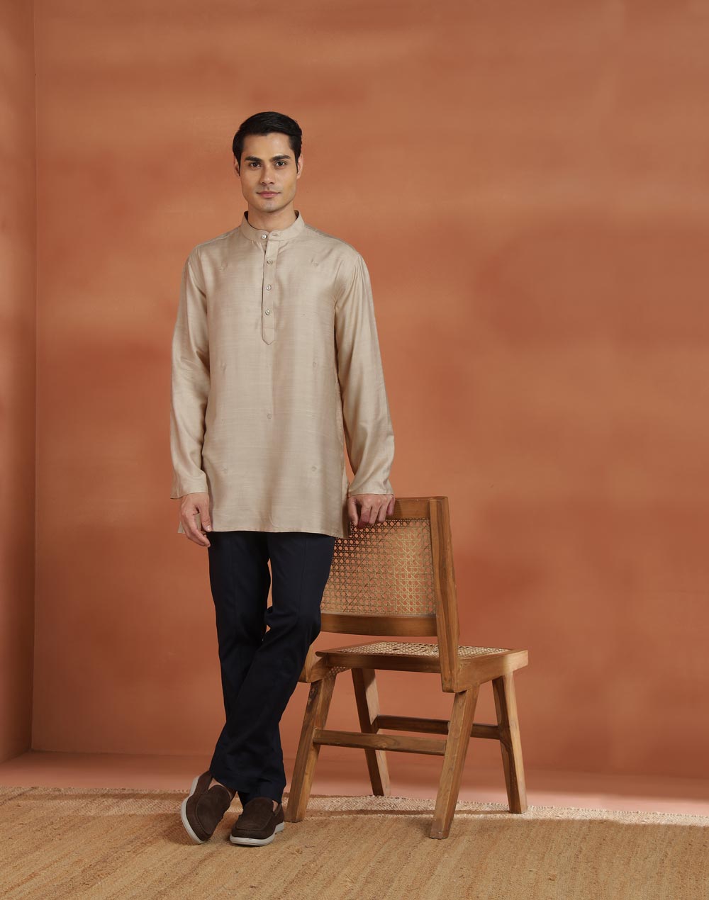 Beige Viscose Silk Embroidered Short Kurta