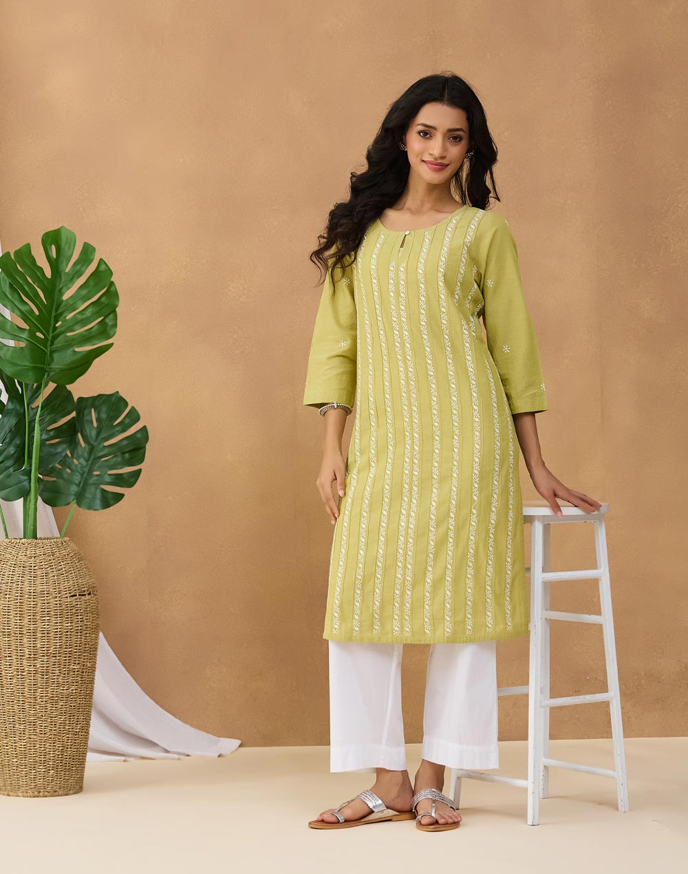 Green Cotton Chikankari Knee Length Kurta