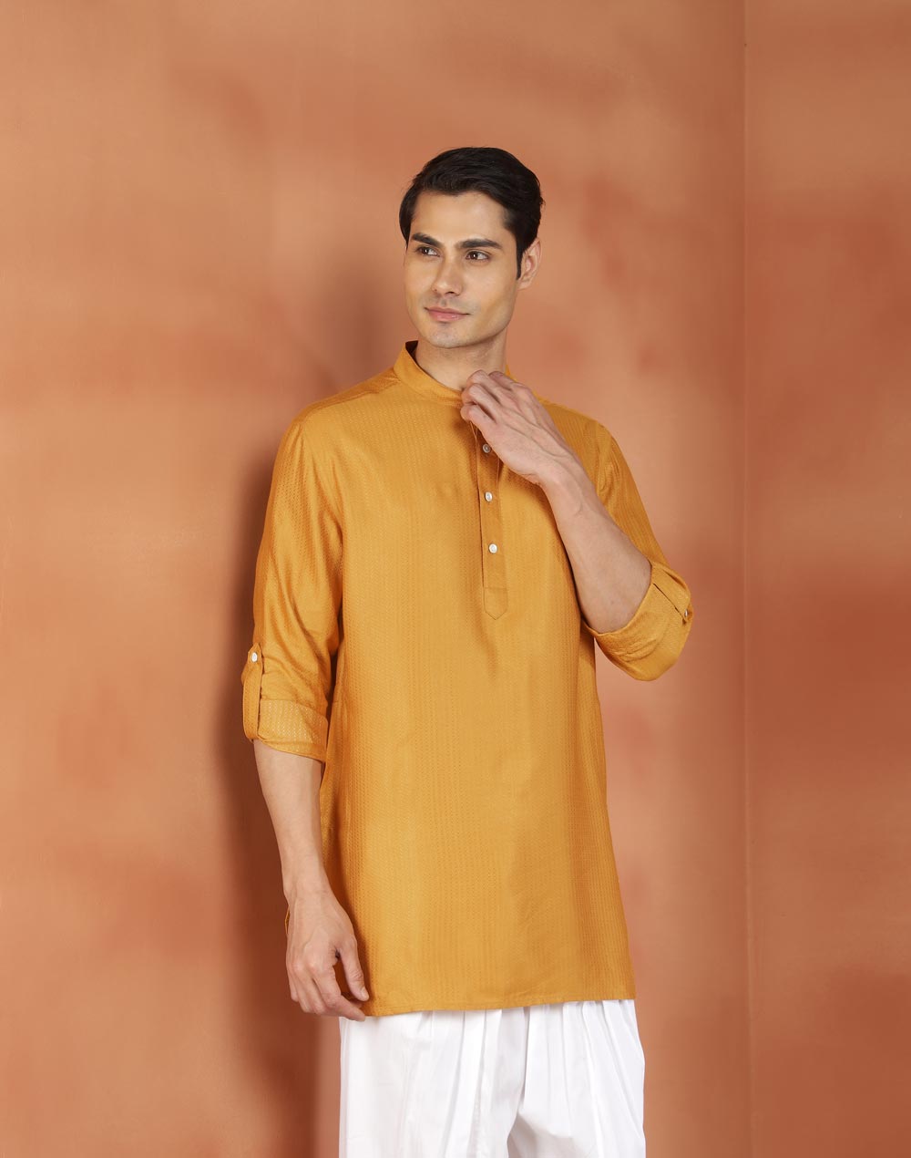 Yellow Viscose Silk Dobby Slim Fit Short Kurta