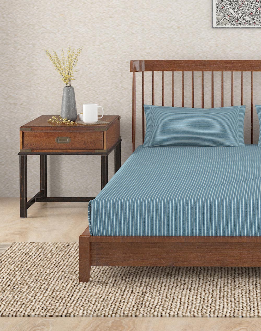 Navy Nile Stripe Cotton Bed Sheet With 2 Pillow Covers