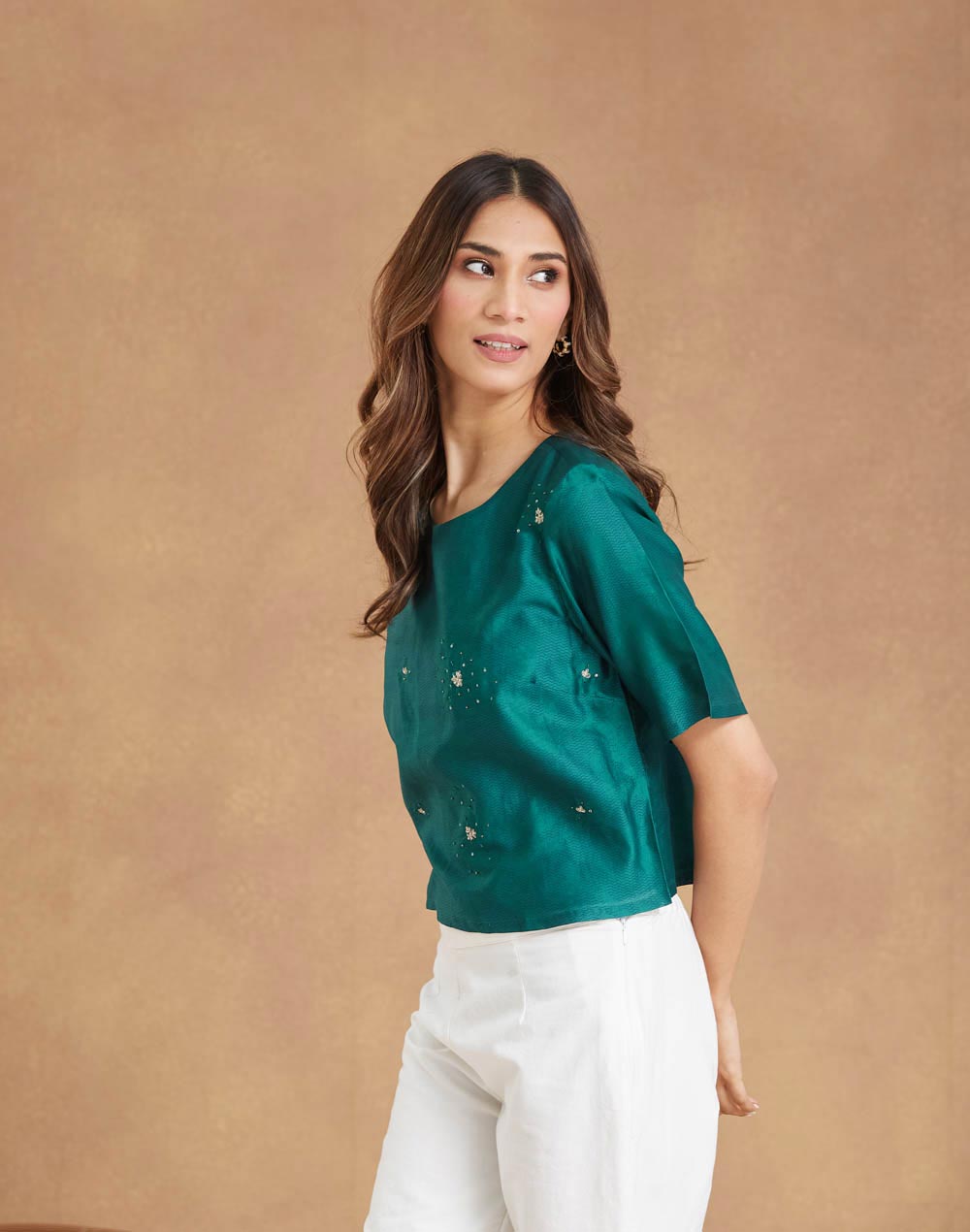 Green Cotton Silk Embroidered Short Top