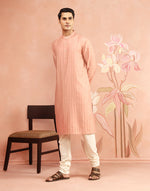 Peach Viscose Blend Stripe Long Kurta