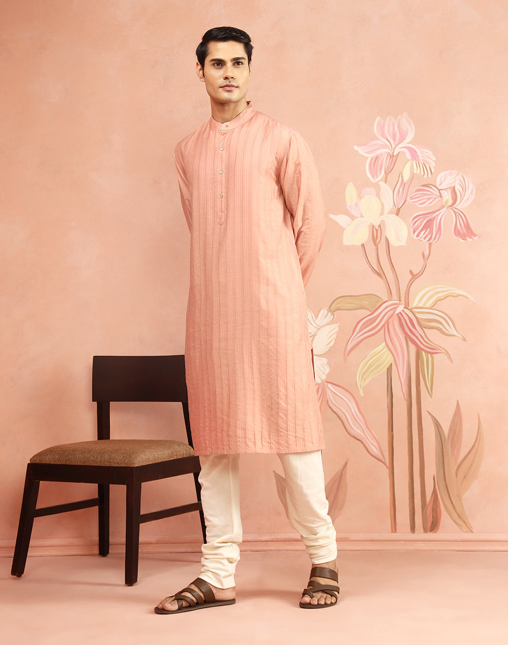 Peach Viscose Blend Stripe Long Kurta