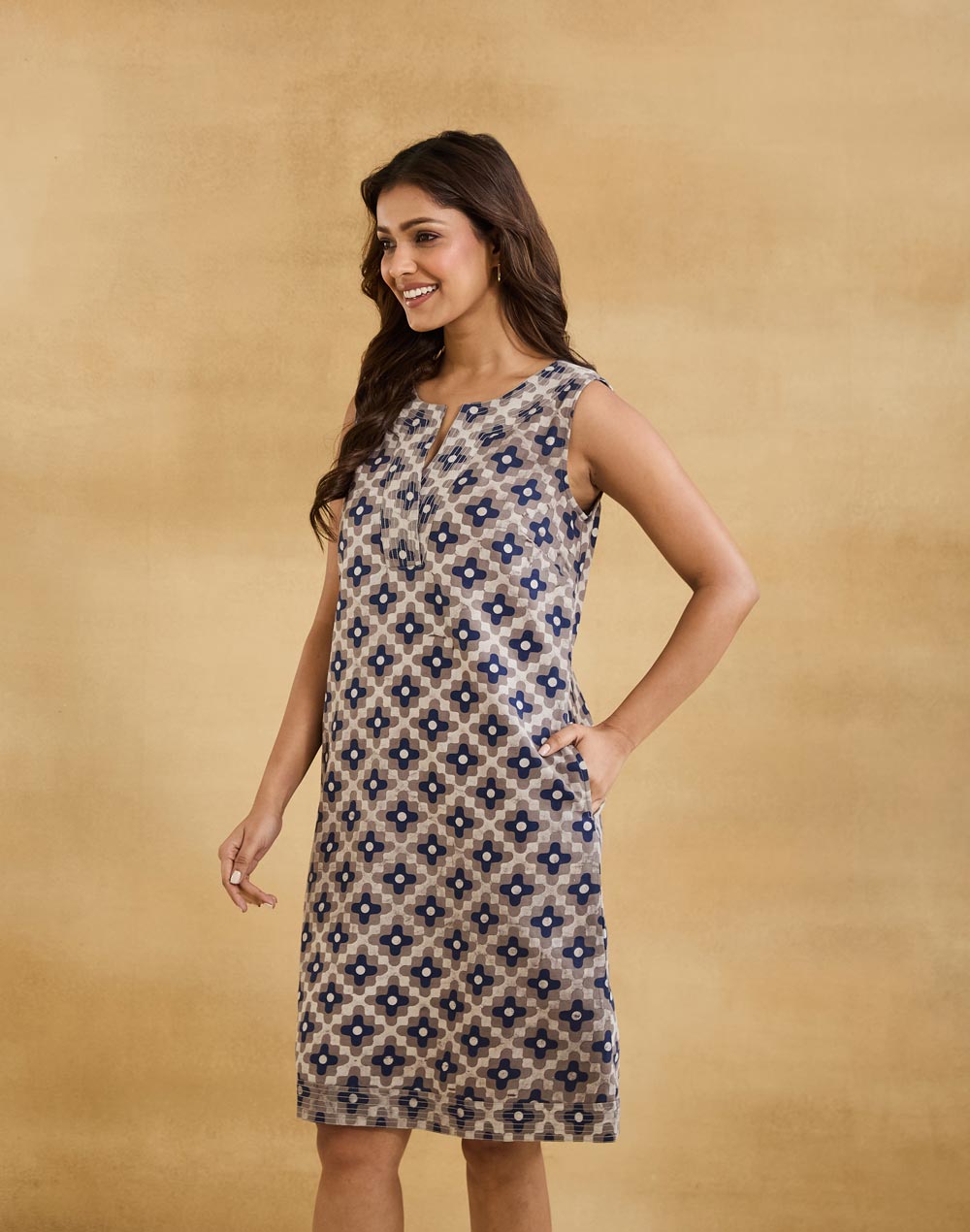 Beige Cotton Linen Short Dress