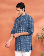 Indigo Cotton Dabu Printed Slim Fit Short Kurta